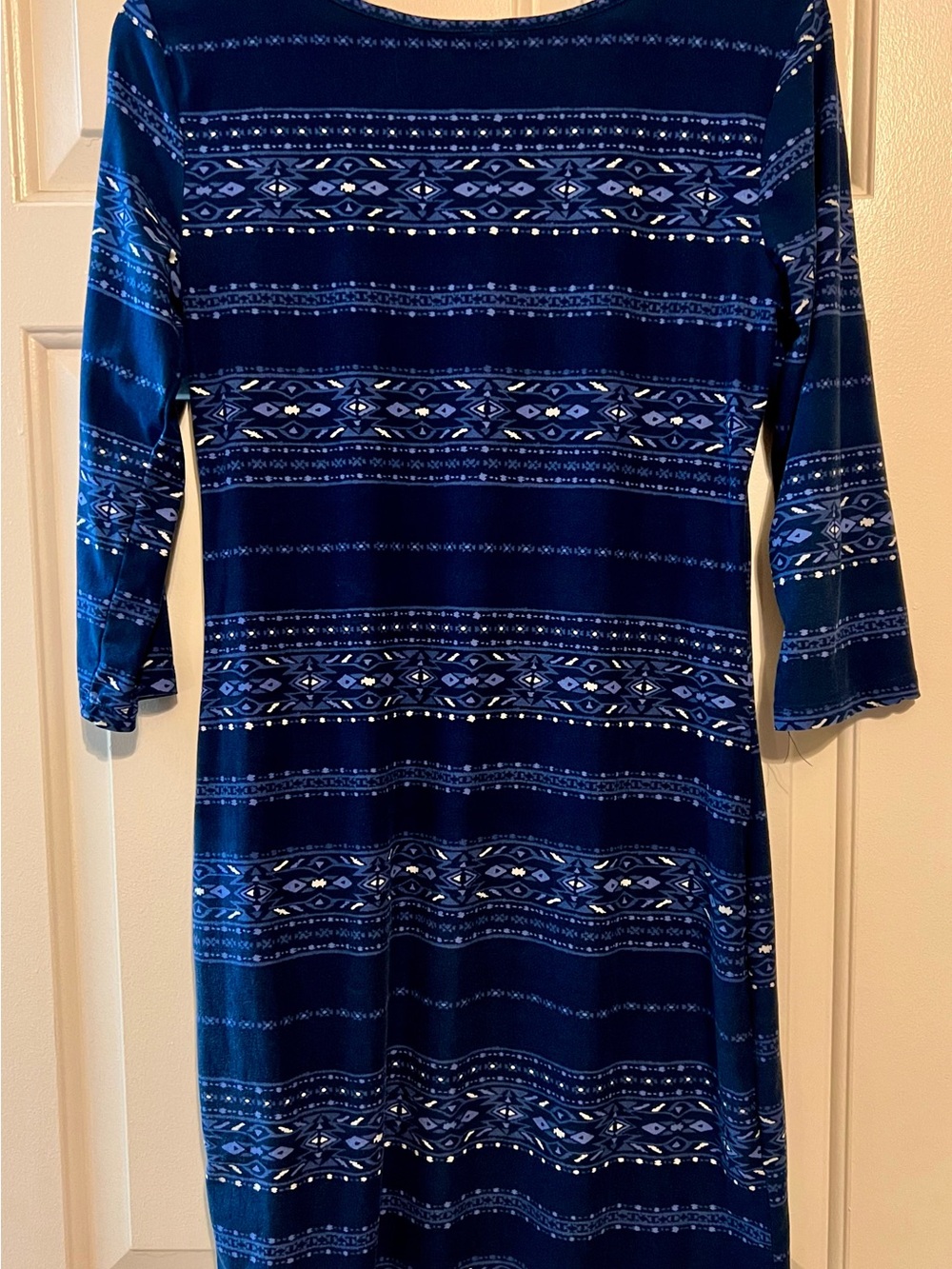 Mudd Navy Blue Aztec Geometric Tribal Print 3/4 Sleeve Bodycon Dress - Size L - Picture 3 of 6